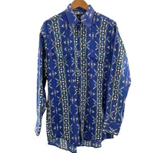 Wrangler Vintage Western Wear Cotton Blue Navajo Pattern Pearl Snap Shirt LT